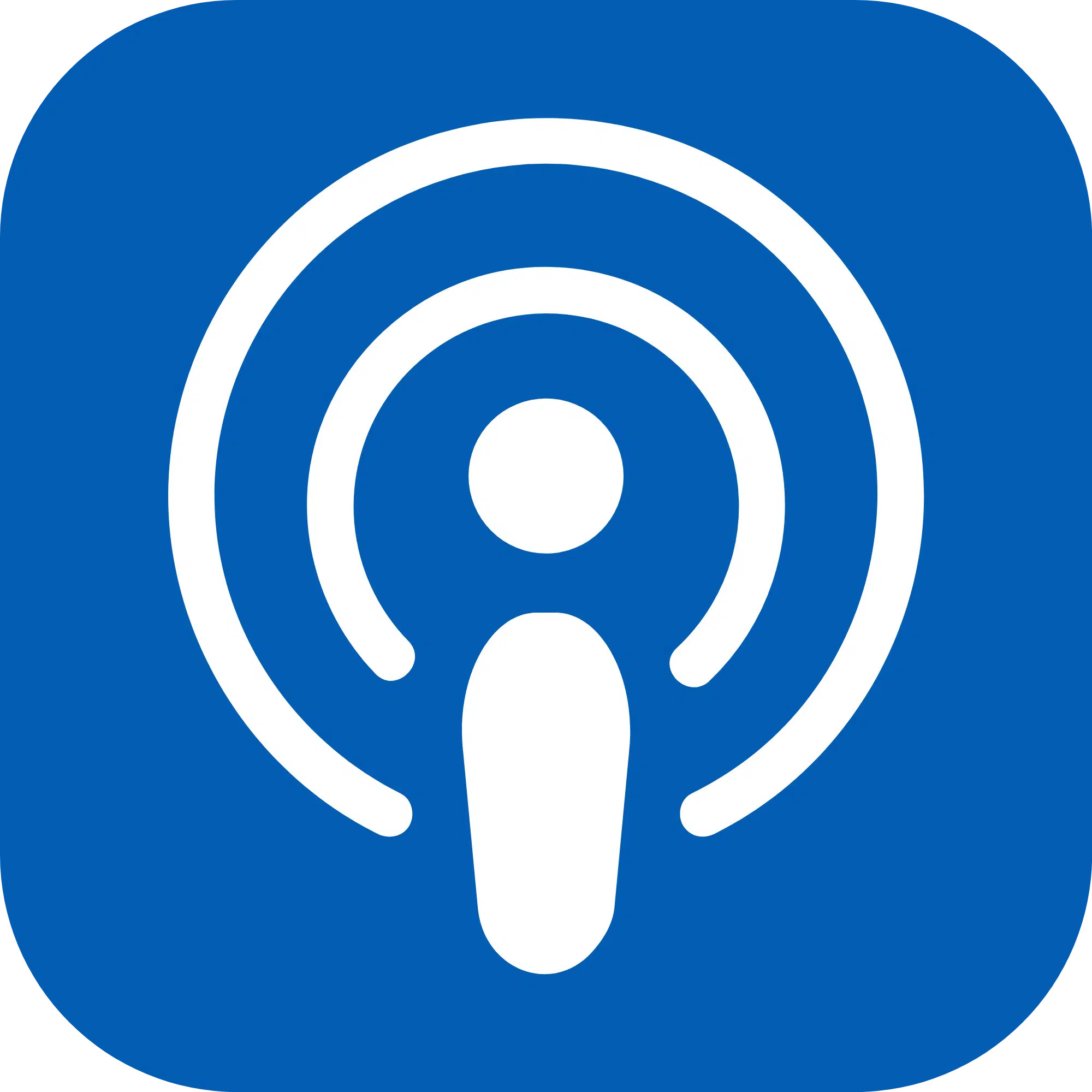 White podcast icon showing a stylized person with sound waves on a blue square background.