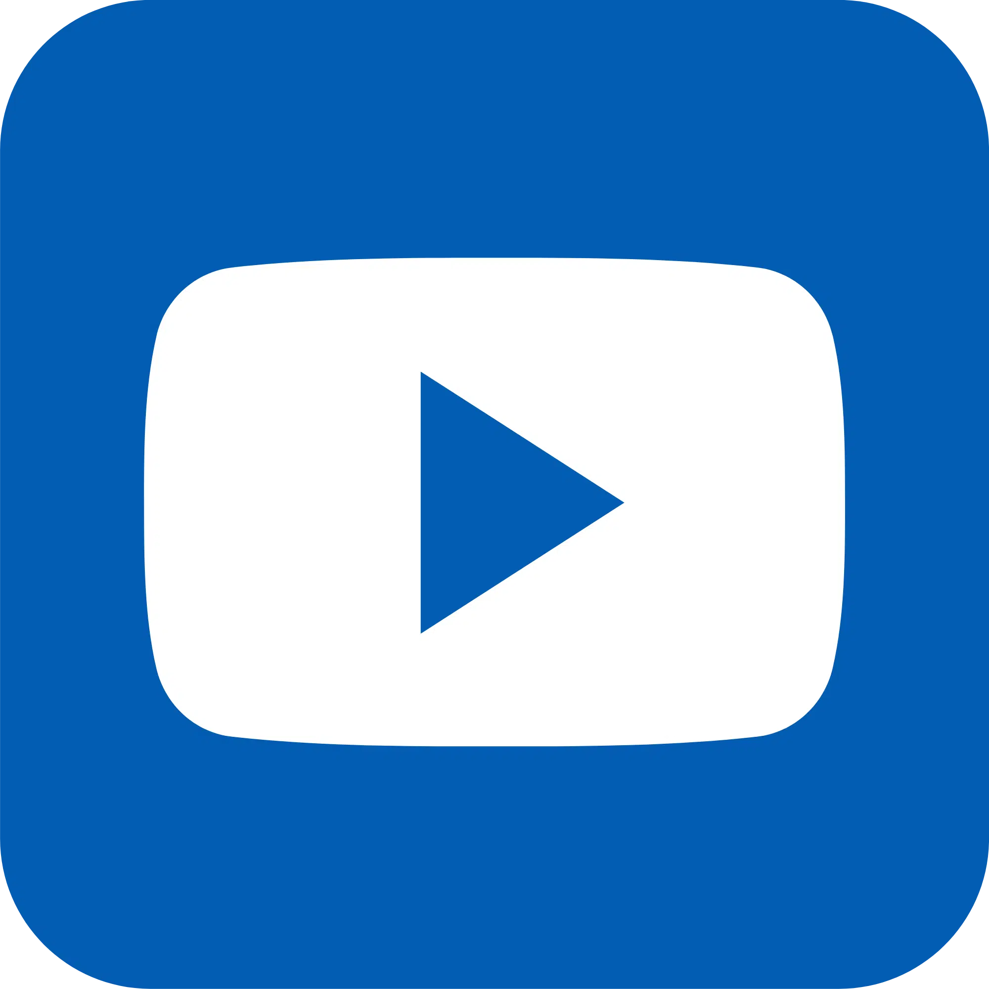 White play button inside a white rounded rectangle, centered on a blue square background. The design resembles the YouTube logo.
